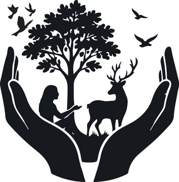 Environmental protection silhouette vector, human hands cradling nature with tree and deer, ecological conservation and wildlife care concept