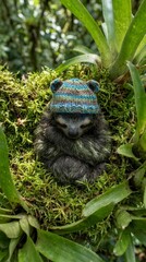 Fototapeta premium Baby sloth wearing a knitted hat in a mossy nest