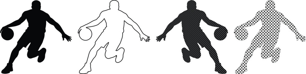Obraz premium Dynamic basketball player silhouette vector set, dribbling action sports graphic, black and outline styles, athletic competition illustration for branding and design projects