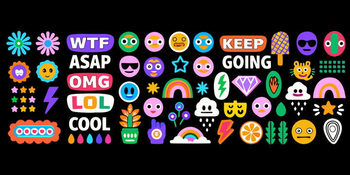 Colorful sticker set with trendy phrases emojis and playful illustrations on a black background