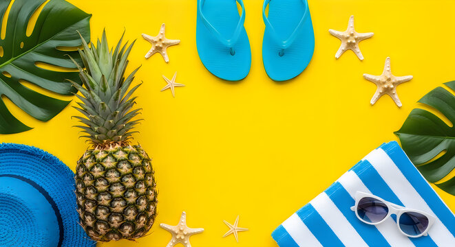 Summer vacation concept with pineapple blue flip flops starfish and tropical leaves on a bright yellow background