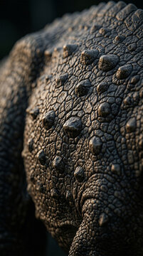An extreme macro photograph focusing on the thick, pebbled skin of the T-Rex's flank. The shot highlights the leathery, non-overlapping scales and small, bony osteoderms that act as natural armor.