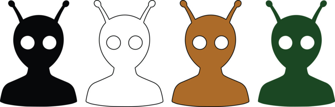 Alien head vector icons, minimalist extraterrestrial silhouette set, space invader avatar collection. UFO creature graphic elements for sci-fi designs, modern cosmic illustration.