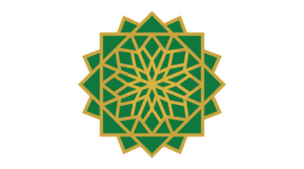 Fototapeta premium An intricate twelve-pointed star mandala pattern featuring repeating green triangles and golden lines is displayed centrally on a clean white background with soft daylight tones.