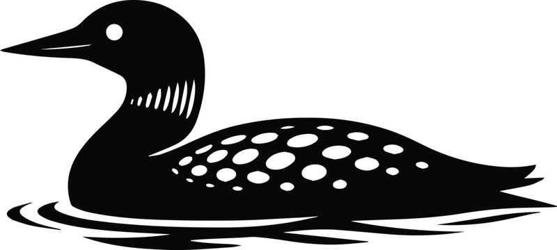 Black and white loon bird vector illustration, swimming common loon graphic, minimalist waterfowl design, aquatic wildlife symbol for nature, outdoor, and travel themes