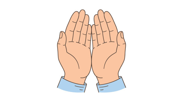 Open hands reaching upward in a gesture of supplication are illustrated in a simple vector format against a plain white background with light blue clothing.