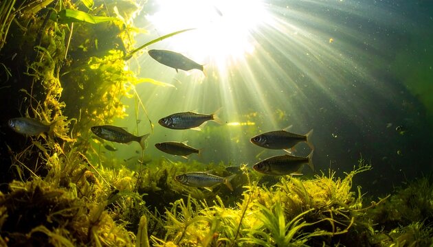 Underwater view of small freshwater fish swimming among green aquatic plants with bright sunbeams