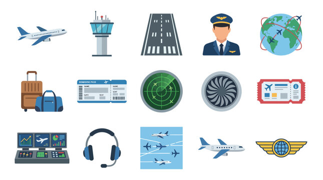 Airport and Aviation Icons Set with Airplane, Pilot, Control Tower, and Travel Elements.