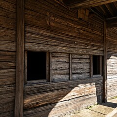 Naklejka premium Rustic wooden structure with windows on a sunny day