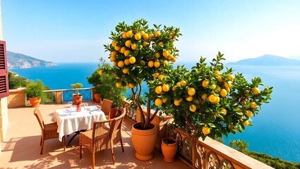 Obraz premium Italian villa terrace on the Amalfi Coast, lemon trees, ocean views, stone and terracotta decor