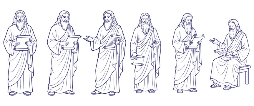 Set of biblical figures, wise men wearing robes holding ancient scrolls in various poses, religious illustrations.