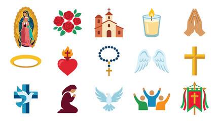 Naklejka premium Collection of religious icons and symbols representing Christianity and faith, including Virgin Mary, cross, rosary, church, and praying hands.