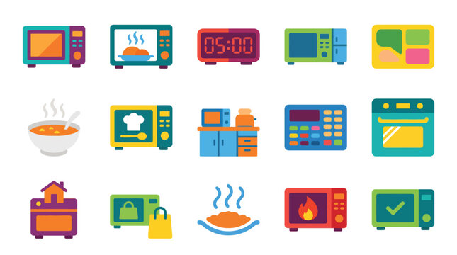 Collection of colorful microwave oven icons, showcasing various models and cooking functions in a flat design style.