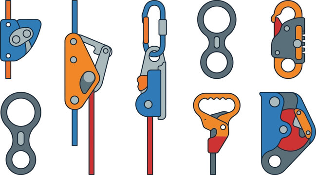 Collection of rock climbing and rappelling safety devices flat vector illustration for outdoor sports adventure and industrial rope access applications