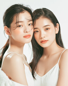 日本人, 女性, 2人, 10代, 18歳, 友達, 親友, 姉妹, ペア, 美肌, 透明感, 白背景, スキンケア, ビューティー, 笑顔, 仲良し, 清潔感, 爽やか, ポートレート, ナチュラル, 黒髪, ロングヘア, キャミソール, 白, 輝き, 美白, 素肌, 健康的, 潤い, ツヤ肌, 瑞々しい, ミニマル, 清楚, ライフスタイル, コピースペース, 切り抜き, 広告素材