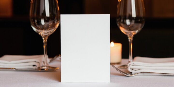 White blank menu card on a restaurant table. Elegant evening setting with wine glasses and candle. Perfect for displaying custom text or artwork for a special event.