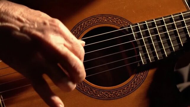 Guitarist practicing passionate. Expressive hands on vintage guitar. Detailed shot of fingers plucking strings with emotion. Scene capturing skilled musician strumming in warm studio ambiance