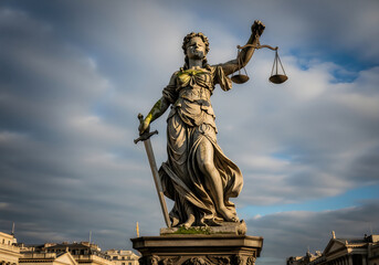 Obraz premium Statue of lady justice holding a sword and scales of balance against a dramatic cloudy sky in the city center