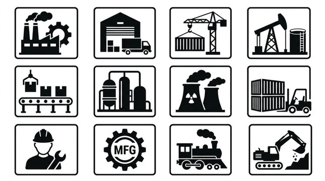 Collection of industrial and manufacturing icons representing various sectors.
