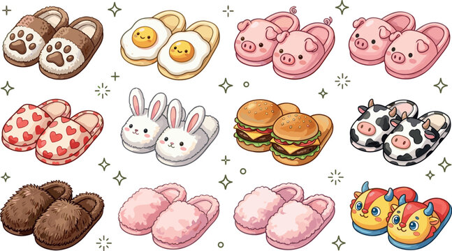 Cute Kawaii Slipper Collection Featuring Animal Shapes Including Bunny Pig Cow Dragon And Fun Food Designs Like Fried Egg Hamburger And Heart Pattern Cozy Footwear Vector Set