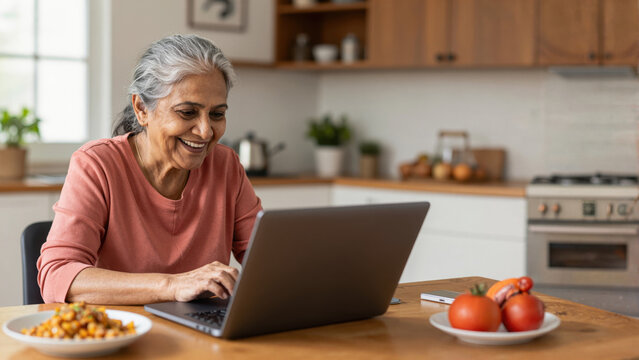 Golden Years of Connection: A graceful senior woman sits at a wooden table, basking in the glow of a laptop, her radiant smile a testament to the joy of staying connected in her home.