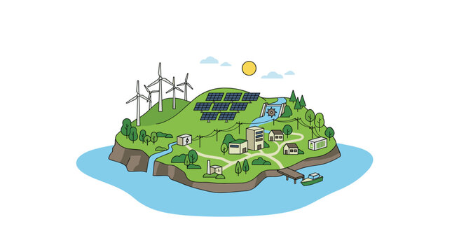 An island landmass features small houses, wind turbines, and solar installations connected by a power grid surrounded by blue water under a bright yellow sun.
