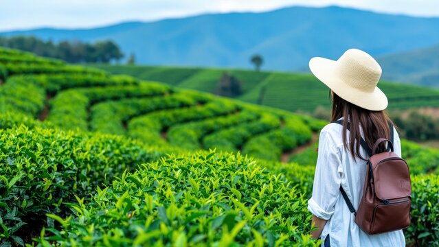 Woman in Tea Plantation: A woman with a hat explores the verdant tea plantations, immersing herself in the scenic landscape, taking in the picturesque scene of rolling hills. 