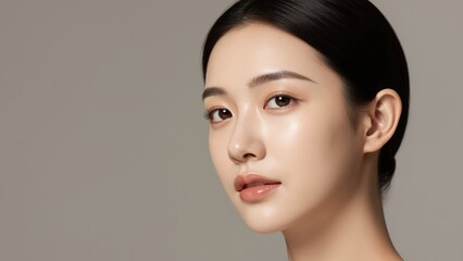 Fototapeta premium Radiant Beauty: A portrait of a woman with flawless skin, captivating eyes, and a serene expression, radiating natural beauty.