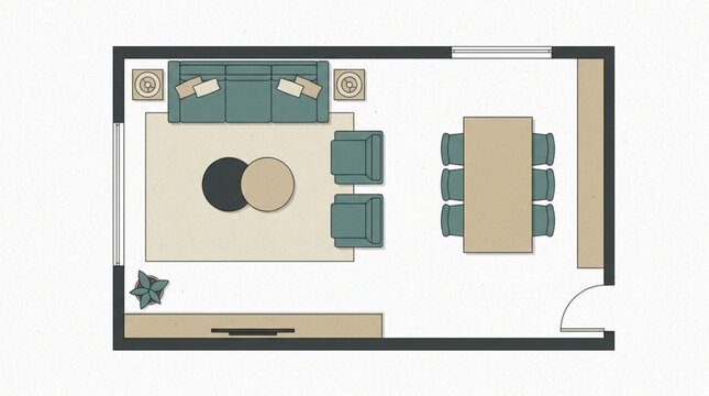 Top view of a modern living and dining room floor plan layout.