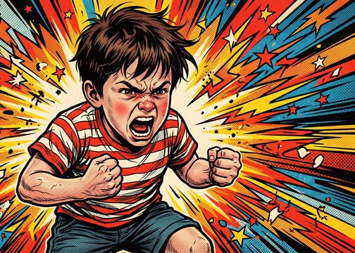 Angry child with fists clenched aggressively.