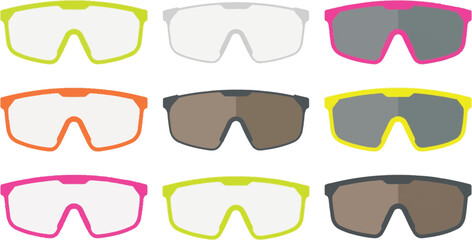 Collection of modern sports sunglasses in various vibrant colors and lens tints designed for cycling and outdoor activities isolated on white background