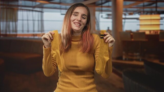 Young redhead woman holds yellow socks with hands, smiling and lifting them while wearing a mustard sweater in airport seating area; cozy cheerful moment.