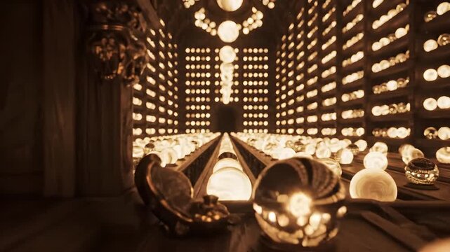 Low angle tracking shot of glowing crystal balls on wooden shelves illuminated by soft warm light inside an ancient grand library filled with intricate magical artifacts and dusty particles