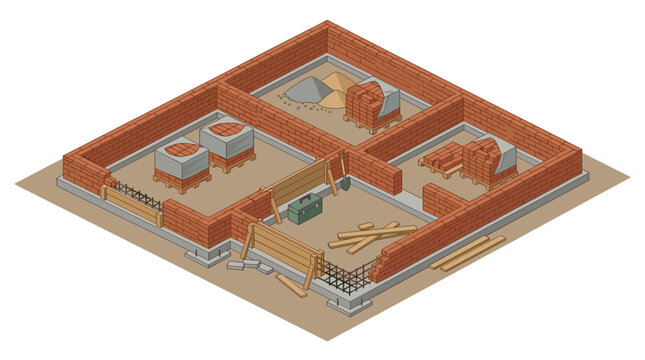 A partially built residential house floor plan featuring stacks of red bricks on wooden pallets and metal rebar bracing rests on a concrete foundation layer.