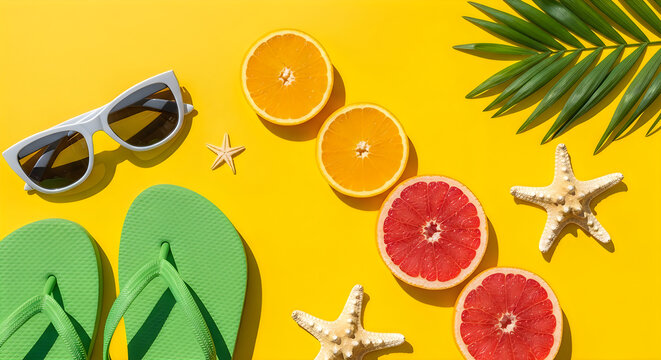 Summer vacation concept with sunglasses, flip flops, citrus fruit slices and starfish on a bright yellow background