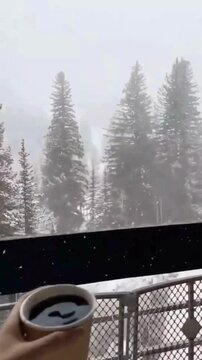 Holding Glass of Black Coffee Walking Through Balcony Door with Snowy Pine Forest View, Cozy Winter Morning Concept