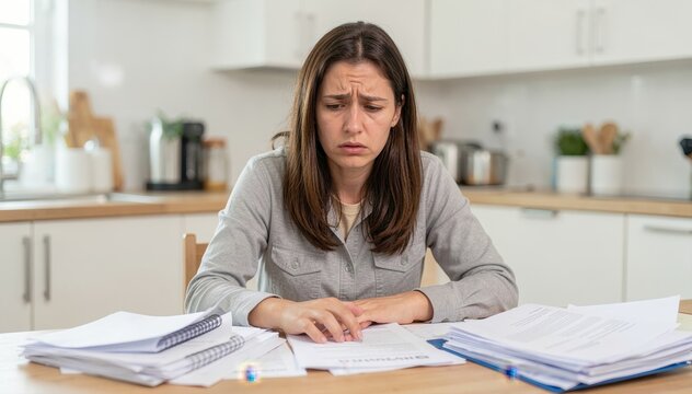 Financial Burden: A stressed individual sits amidst a stack of documents, grappling with the weight of financial obligations and the uncertainty of future.