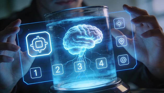 Futuristic Mindscape: A person interacts with a transparent holographic display showcasing a glowing brain, surrounded by interactive elements.