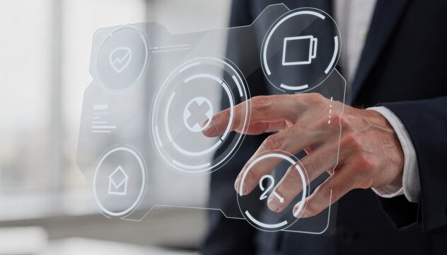 Digital Interface Touch: A focused individual interacting with a cutting-edge digital interface, showcasing seamless technology integration and intuitive design in a modern professional setting.