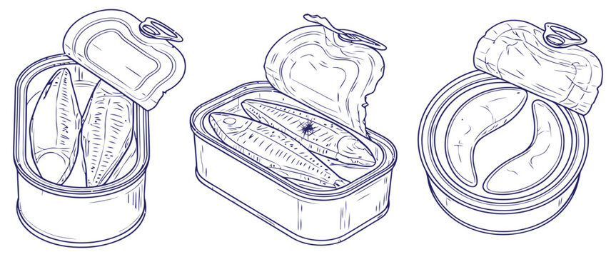 Opened tin cans with sardines inside preserved fish seafood delicacy ready to eat.