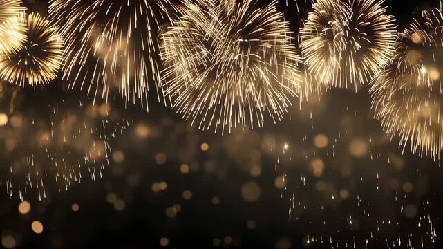Golden Fireworks against dark Sky: A dazzling display of golden fireworks erupts against a dark, night sky. Exploding with light and color, they illuminate the darkness with their brilliant.