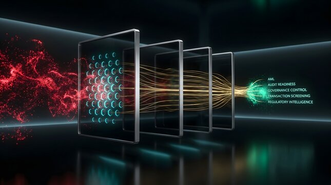 Data stream processed through layered digital grids in a futuristic abstract