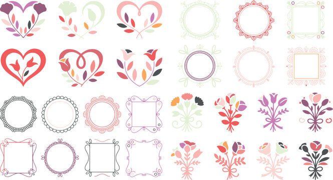 Collection of floral frames and borders with hearts and leaves on white background