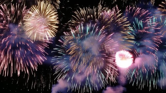 Fiery Sky Symphony: A mesmerizing display of colorful fireworks bursting across the dark canvas of night, painting the sky with fleeting masterpieces of light and color. 