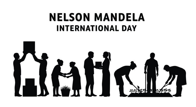 Vector graphic illustration of diverse people participating in community service on Nelson Mandela International Day