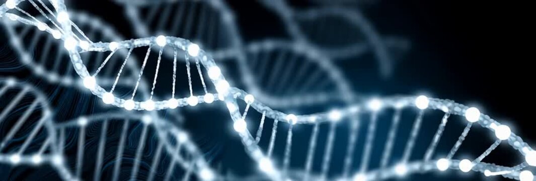 a graphic with several dna like double helix structures against a deep blue to black gradient background the foreground dna is bright white with prominent, glowing white circular nodes Generative AI
