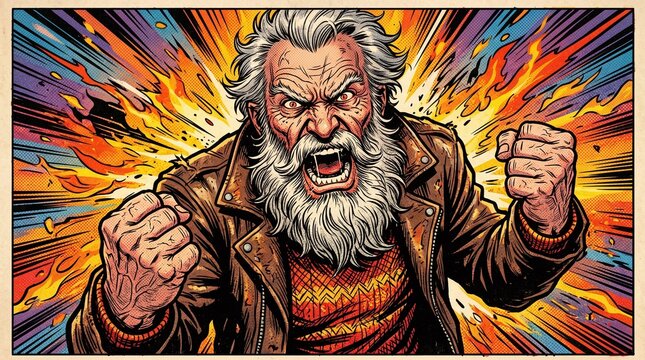 Angry old man with grey hair.