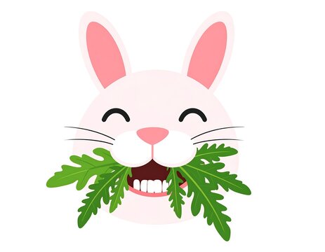 A cartoon rabbit, light pink with long ears, happily chomping on a large bunch of green leafy greens