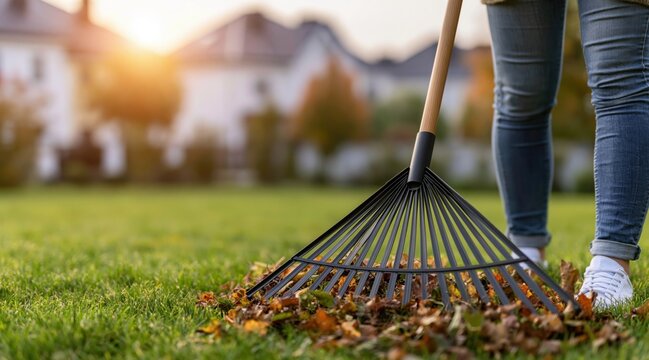 Person raking dry autumn leaves from lawn in backyard at sunset