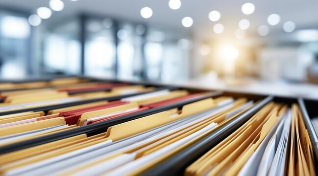 Open filing cabinet drawer with yellow and red folders in blurred office
